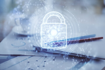 Poster - Double exposure of desktop with computer and lock icon hologram. Concept of data safety.
