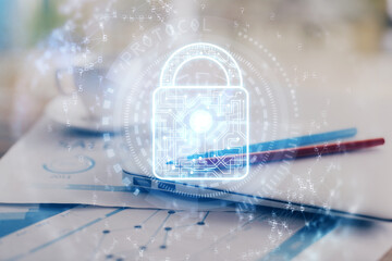 Poster - Double exposure of desktop with computer and lock icon hologram. Concept of data safety.