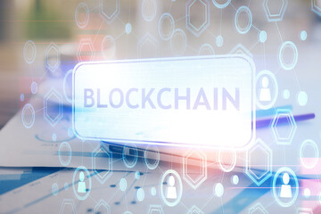 Poster - Double exposure of blockchain and crypto economy theme hologram and table with computer background. Concept of bitcoin cryptocurrency.
