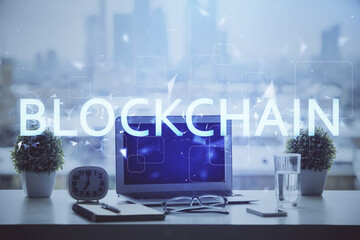 Poster - Double exposure of blockchain and crypto economy theme hologram and table with computer background. Concept of bitcoin cryptocurrency.