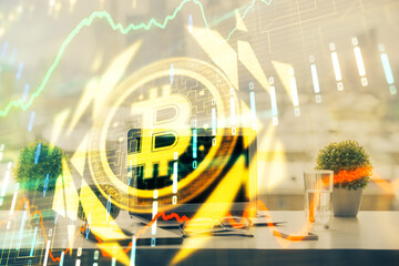 Poster - Double exposure of blockchain and crypto economy theme hologram and table with computer background. Concept of bitcoin cryptocurrency.