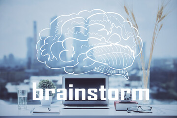 Poster - Desktop computer background in office and start up theme hologram drawing. Double exposure. Startup concept.