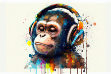 Cool Monkey With Headphones Listening Music, Colorful Paints Smudges, Spatter. Generated Sketch Art