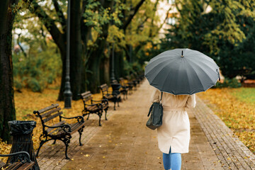 Woman with black umbrella contemplates as she walks in front of a park.