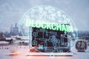 Poster - Double exposure of blockchain and crypto economy theme hologram and table with computer background. Concept of bitcoin cryptocurrency.