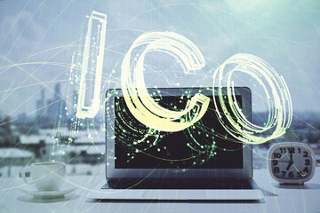 Poster - Double exposure of blockchain and crypto economy theme hologram and table with computer background. Concept of bitcoin cryptocurrency.