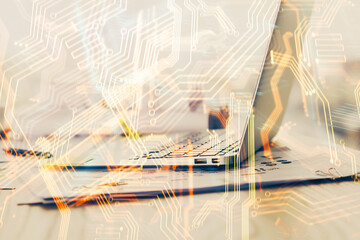 Aufkleber - Computer on desktop in office with technology theme hologram. Double exposure. Tech concept.