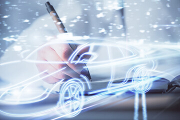 Poster - Tech autopilot theme hologram over woman's hands taking notes background. Concept of hightech. Double exposure