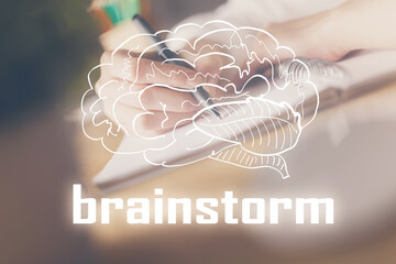 Poster - Start up creative drawing over close up hands on background. Concept of brainstorming. Multi exposure