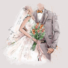 The Bride And Groom With A Bouquet Of Flowers. Wedding Illustration On Beige Background