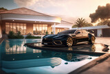 Extremely luxurious car for a beautiful expensive stately villa with swimming pool illustration