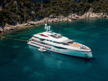 Aerial Drone View Of  Luxury Private Yacht Anchored On Porto Timoni Beach In Corfu