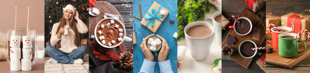 Poster - Christmas collage of young woman with sweet cocoa drink in cups and marshmallows