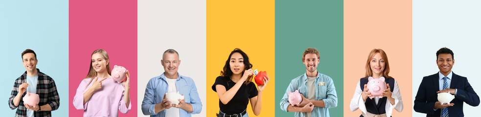 Sticker - Collage of different people with piggy banks on color background