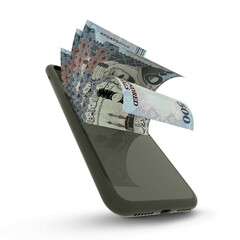 3D rending of Saudi riyal notes inside a mobile phone. money coming out of mobile phone