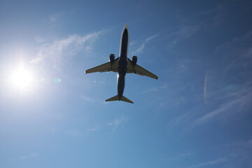 Wall Mural - Modern white airplane flying in sky, bottom view