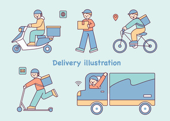 Wall Mural - cute characters delivering deliveries with various vehicles.