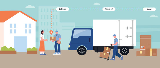 Wall Mural - A delivery man unloads a delivery box from a delivery truck and delivers it to a customer.