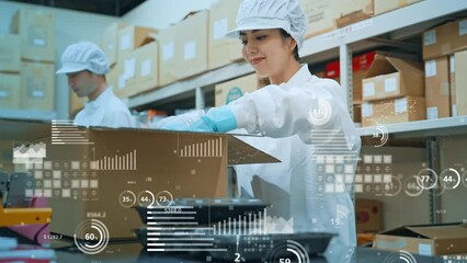 Poster - 製品を梱包する作業員と数値データ