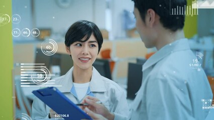 Aufkleber - オフィスで打ち合わせする作業員と統計データイメージ
