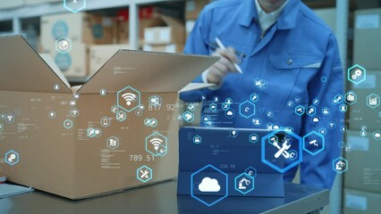 Poster - 物流倉庫で検品する作業員とテクノロジーイメージ