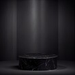 Empty black marble stone podium with black surface and charcoal black curtain background, product presentation display mockup