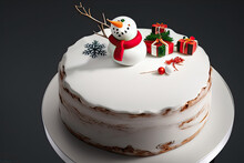 Delicious White Chocolate Cake Topped With White Icing Decorated With A Cute Small Snowmen Wearing A Red Scarf Beside Some Edible Christmas Gifts On A Plate