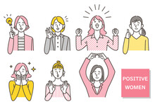 Set Of Young Women With Positive Facial Expressions (pleased, Happy, OK, Fist Pump) [vector Illustration].