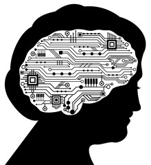 Poster - Beautiful communication old woman profile with circuit techno human brain. Artificial intelligence, cyber mind concept. Circuit board chips.