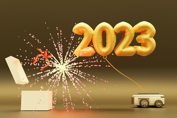 Splashing water CAR happiness transport vehicle and gift box fireworks to 2023 background for transport or automotive automobile industrial and car business happy new year 2023 image