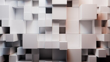 Modern Tech Background With Neatly Arranged Multisized Cubes. White And Grey, 3D Render.