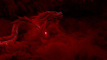 Chinese New Year Concept With Flying Dragon Against A Cloudy Sky. Red Design With Copy-space.
