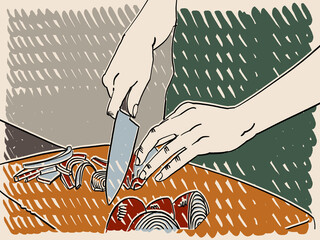 Wall Mural - An Illustration of hands cutting an onion