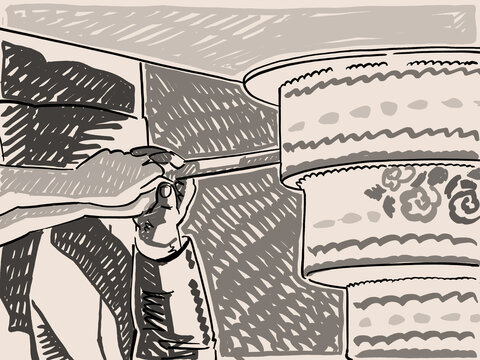 An Illustration of bride and groom cutting wedding cake