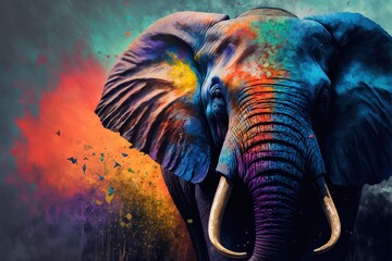 colorful painting of a elephant with creative abstract elements as background