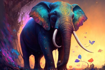 Colorful painting of a elephant with creative abstract elements as background