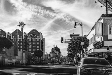 Hollywood Boulevard street landscape in Los Angeles, California, USA, black and white retro-style photo