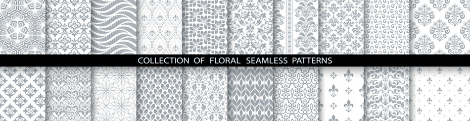 Geometric floral set of seamless patterns. White and gray vector backgrounds. Simple illustrations