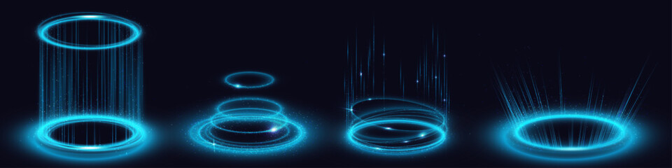 Poster - Magic portals, blue light hologram effect, futuristic energy vortex elements. Ski-fi digital hi-tech round frames, in HUD technology style. Teleport, glow gui, ui virtual reality projector, Vector set