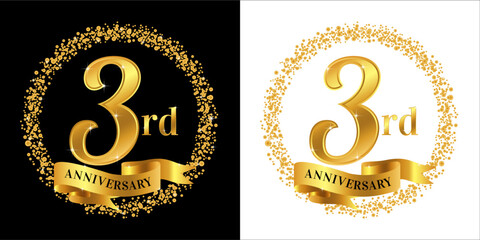 3rd Anniversary logo with golden color, ribbon, and circle sparkle, elegant anniversary logo vector design for greeting card