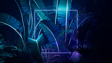 Tropical Plants Illuminated With Purple And Green Fluorescent Light. Rainforest Environment With Square Shaped Neon Frame.