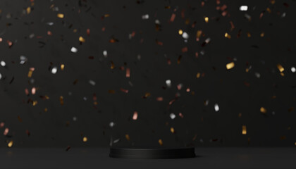 Wall Mural - 3D black gold podium or black gold dais stage. elegant podium mock-up stand product scene dark background with the party confetti glitter. 3d podium stage illustration render.