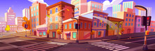 Autumn City Street Corner With Buildings, Crosswalk, Empty Road And Traffic Lights. Vector Illustration Of Cartoon Houses, Shops And Cafes, Trees With Yellow Foliage Under Blue Sky With Fluffy Clouds