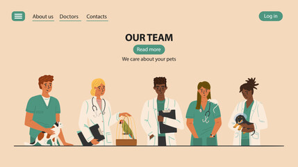 Vet clinic medical team with animals. Veterinary website template vector illustration. Female and male veterinarians in uniform holding pets.  Doctors professional team