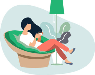 young woman sitting on modern chair relaxing in her living room drinking coffee or tea,.vector illus