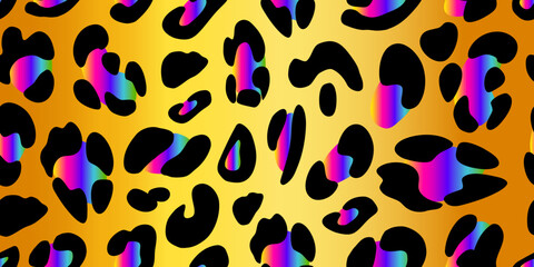 Wall Mural - Rainbow leopard seamless pattern on a golden background. Animalistic bright print. Neon vector background. 