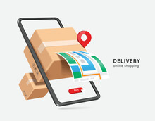 Parcel Box Floats Out And Displays In Front Of Smartphone Screen Along With Pin Placed On Location GPS Map For Delivery
