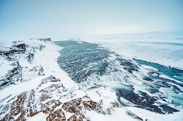 Wall Mural - Gullfoss waterfall view and winter Lanscape picture in the winter season, Gullfoss is one of the most popular waterfalls in Iceland and tourist attractions