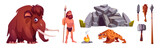 Fototapeta Fototapety na ścianę do pokoju dziecięcego - Cave man, prehistoric primitive person in stone age cartoon icons set. Bearded caveman wear pelt holding spear weapon and ancient animals mammoth and saber-toothed tiger isolated vector illustration