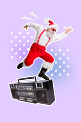 Sticker - Vertical collage picture of crazy funky mini aged santa running big boombox isolated on creative background